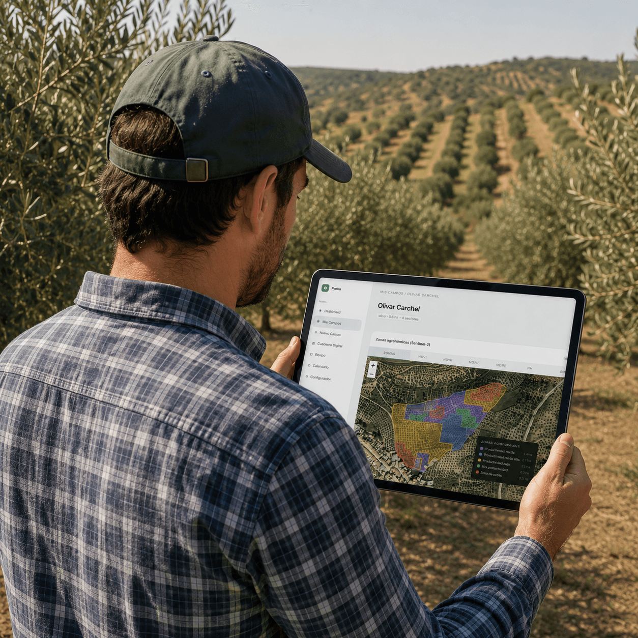 Agrónomo gestionando parcelas con tablet en campo